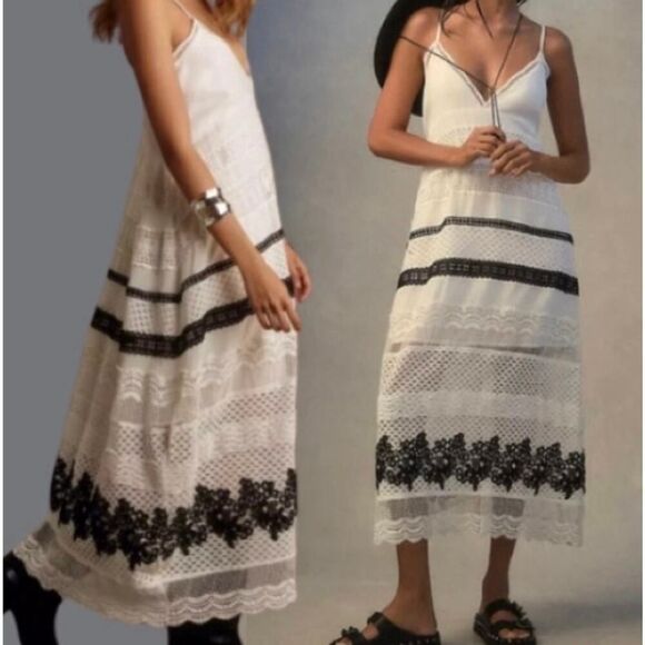 By Anthropologie Whimsigoth Boho Tiered Maxi Dress Contrast Crochet Lace SZ L - Picture 2 of 16
